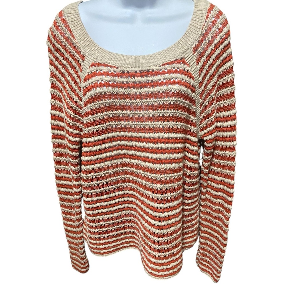 Ann Taylor LOFT Sweater M Loose Crochet Knit Rust Ivory Stripe Raglan Long Sleev